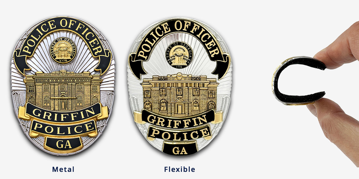 Flexible badge next to metal badge for griffin police