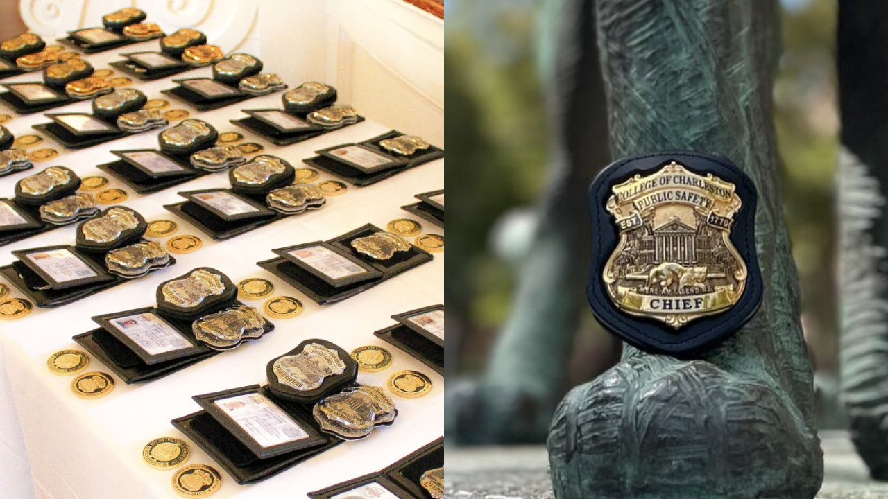 college of charleston badges on display on campus